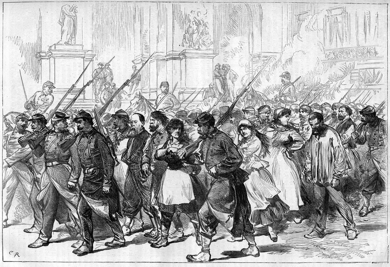 De Commune van Parijs in 1871. Konvooi van gevangen genomen Federes (communards), passerend door Place de l