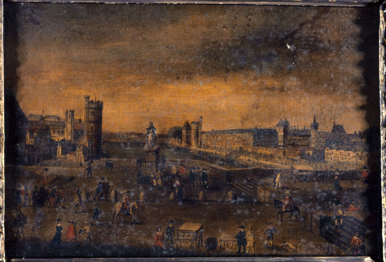 De Pont-Neuf, gezien vanaf de ingang van de Place Dauphine, het Hôtel de Nevers, de Tour de Nesle, de Grande Galerie, met de Porte Neuve, en het Louvre, circa 1640 door Unknown artist
