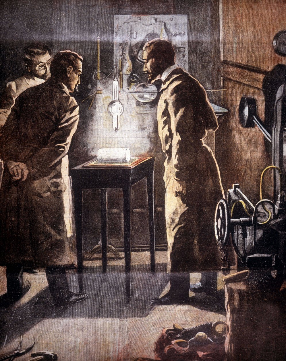 De Röntgenstralen of X-stralen. Ontdekt in 1895. Illustratie van het experiment door Unknown artist