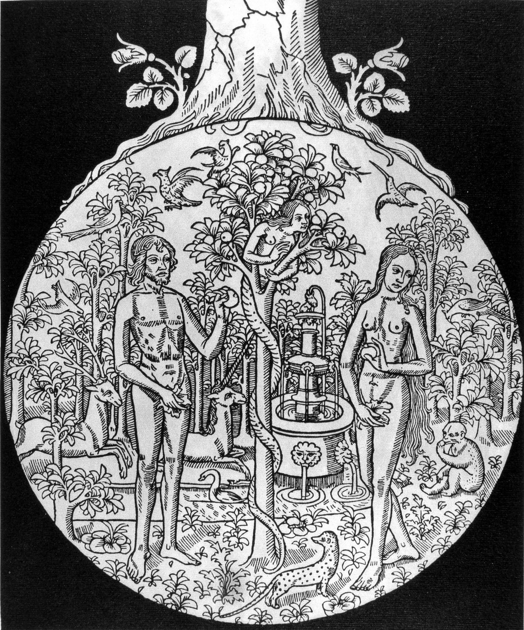 De Boom der Kennis (Adam en Eva in het Paradijs) - gravure, begin 16e eeuw, in 