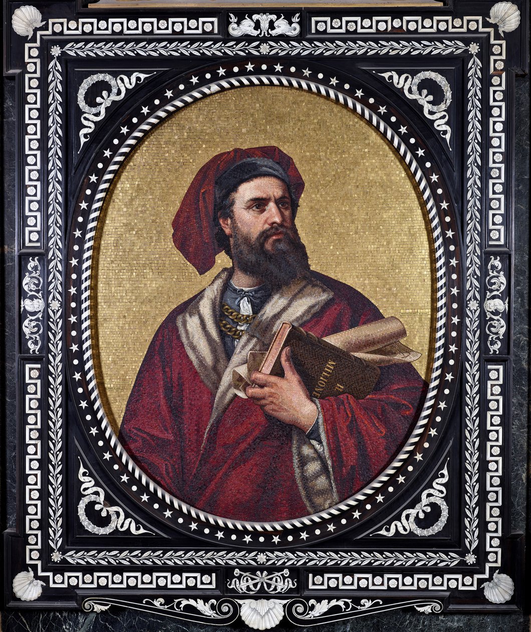 De Venetiaanse ontdekkingsreiziger Marco Polo met onder zijn arm het werk 