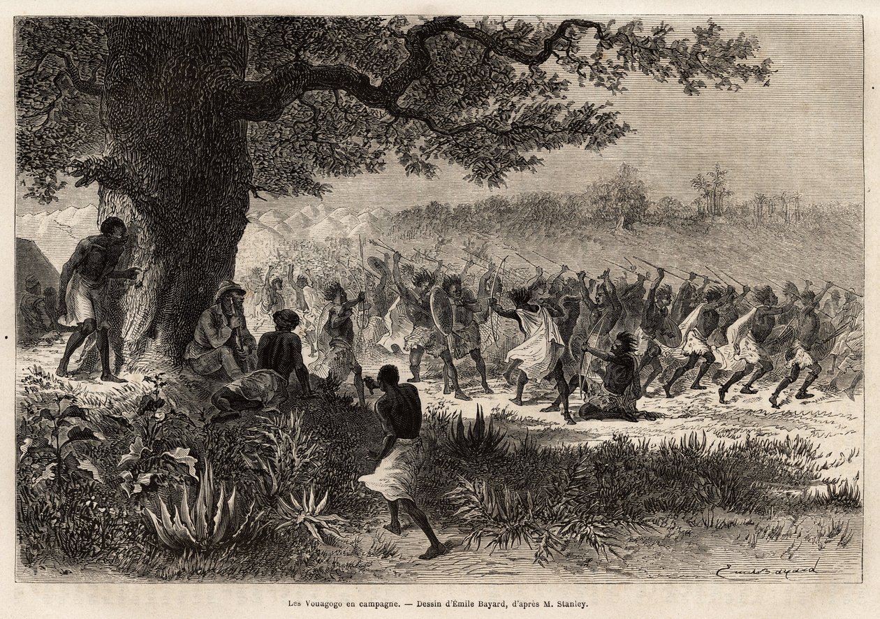 De Vouagogo (stam van Tanzania) in voorbereiding op oorlog, onder de boom, de auteur van het verhaal Henry Morton Stanley (1841-1904). Gravure ter illustratie van de reis op zoek naar Livingstone, in centraal Afrika, door Henry Stanley, correspondent van d door Unknown artist