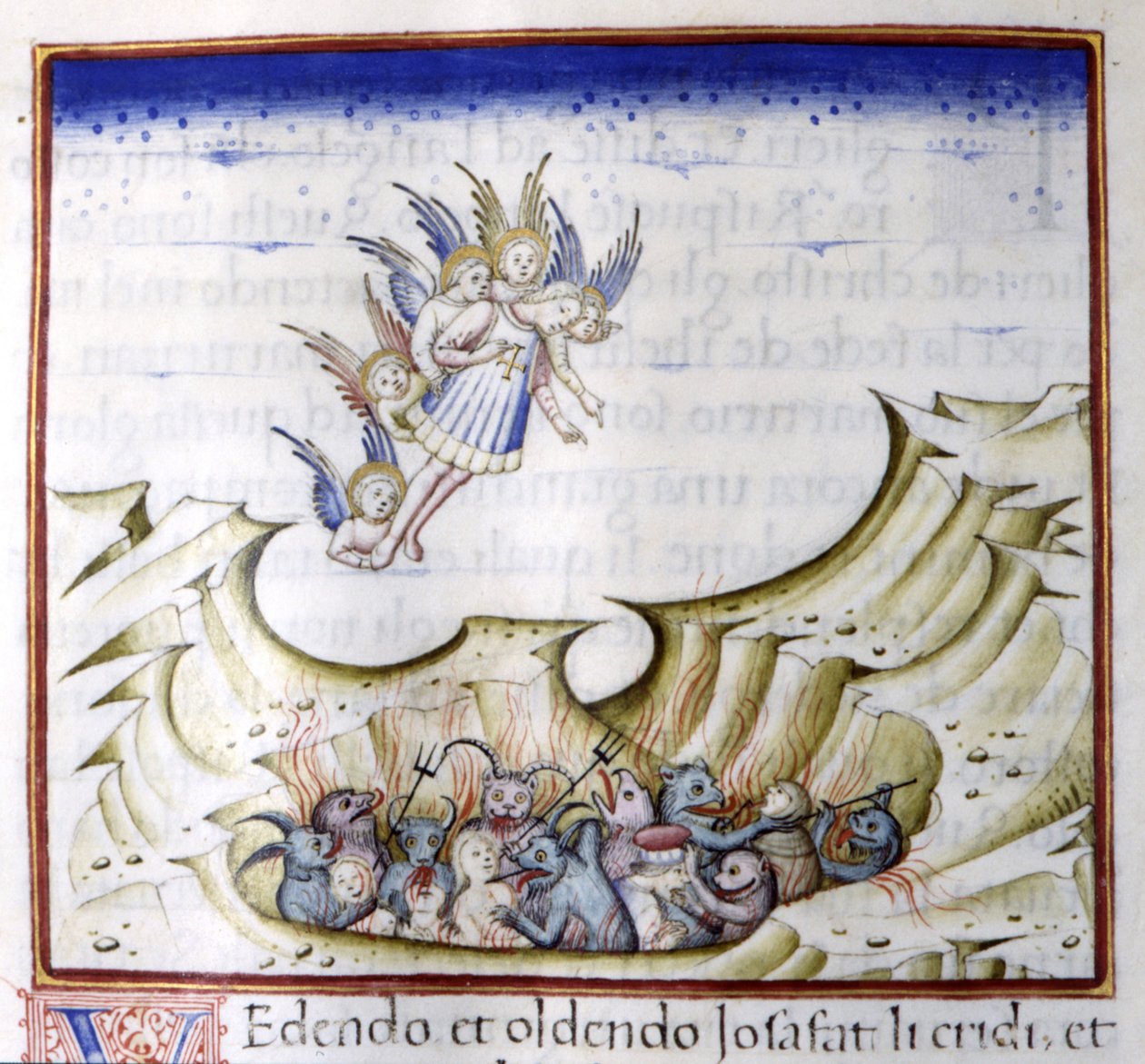 De engel kijkt naar de hel. Manuscript uit de 15e eeuw door Unknown artist