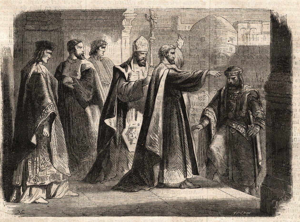 De aartsbisschop Sint Ambrosius van Milaan (Aurelius Ambrosius, Ambrogio di Milano (340-397) verbood de toegang tot de kerk aan de Romeinse keizer Theodosius I (Flavius Theodosius) (347-395) om hem te straffen voor het bloedbad van Thessaloniki in 390 - Ex door Unknown artist