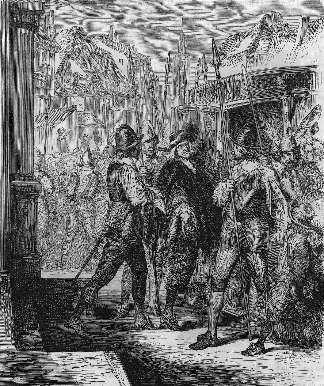 De arrestatie van Pierre Brousel (1575 - 1654) in 1648, in opdracht van Anna van Oostenrijk, wat de opstand van het volk (dagen van de barricades) en de Fronde veroorzaakte. Gravure uit 1866. door Unknown artist