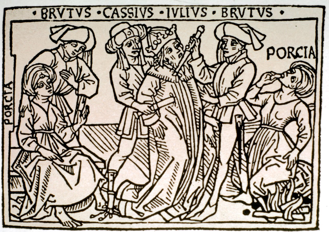 De moord op Julius Caesar (100-44 v.Chr.): hij wordt neergestoken door Brutus en Cassius terwijl Porcie, de vrouw van Brutus, flauwvalt. Houtsnede uit de 16e eeuw door Unknown artist