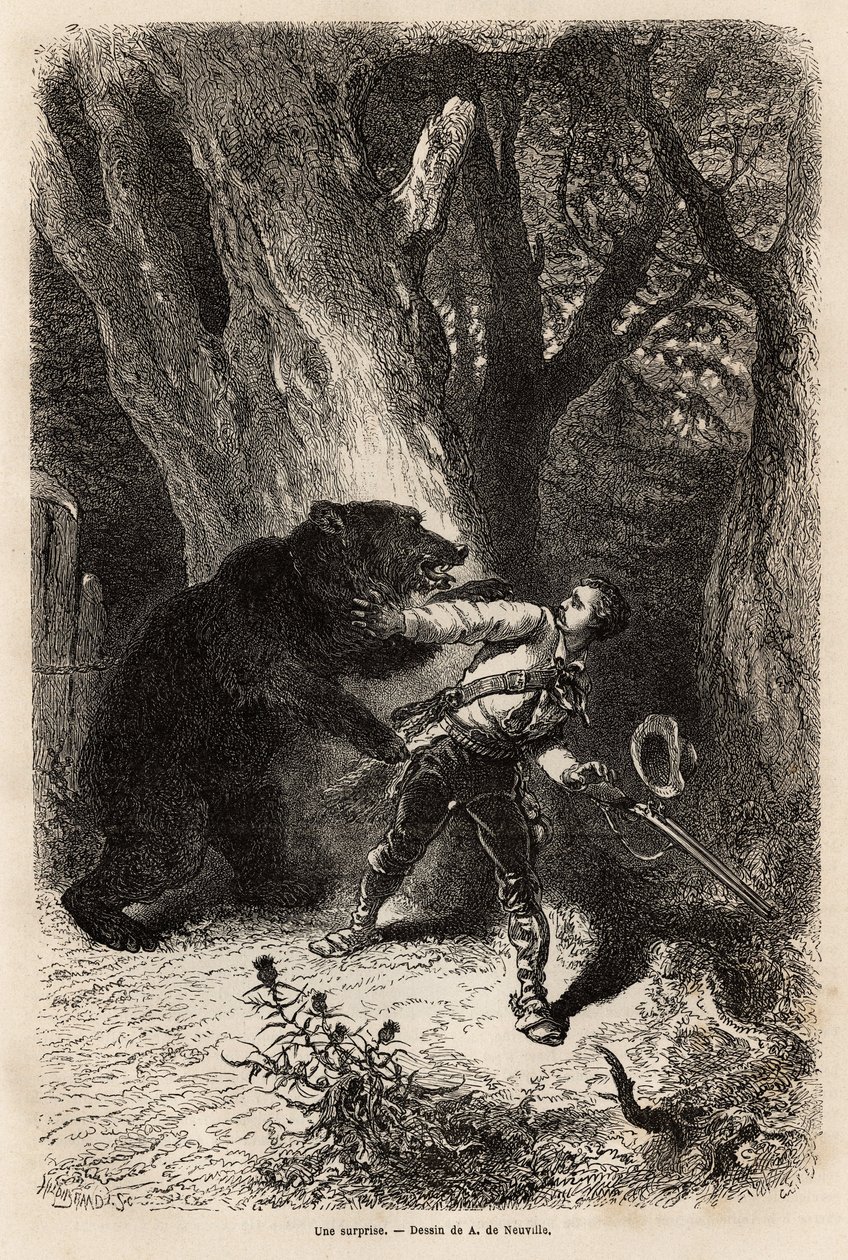 De auteur, tijdens een excursie rond Jacksonville, wordt in het bos verrast door een tamme beer en ketting. Gravure ter illustratie van het verhaal vier maanden in Florida, door Achille Pousselgue in 1851-1852, gepubliceerd in 