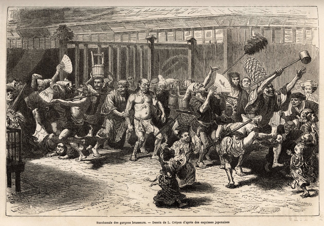 De bacchanaal van de brouwers, op oudejaarsavond, na het ontvangen van hun salaris en feestvieren, lopen ze in een vrolijke en luidruchtige processie in Edo (het huidige Tokio), uitgerust met een enorme sake-wasbak en een lange plumeau om de plafonds te du door Unknown artist