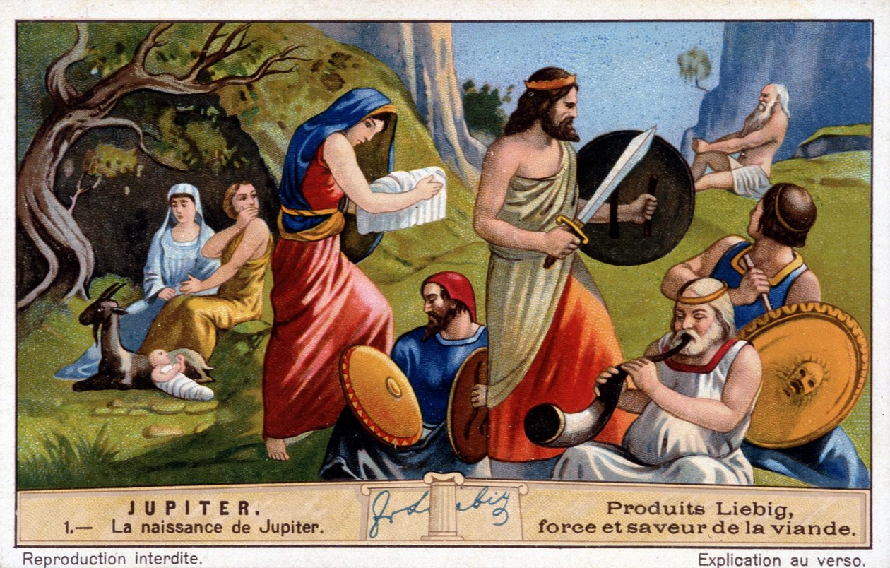 De geboorte van Jupiter, Rhea verbergt hem in het geheim en geeft een in linnen gewikkelde steen aan de Titaan Saturnus - Liebig chromolithografie door Unknown artist