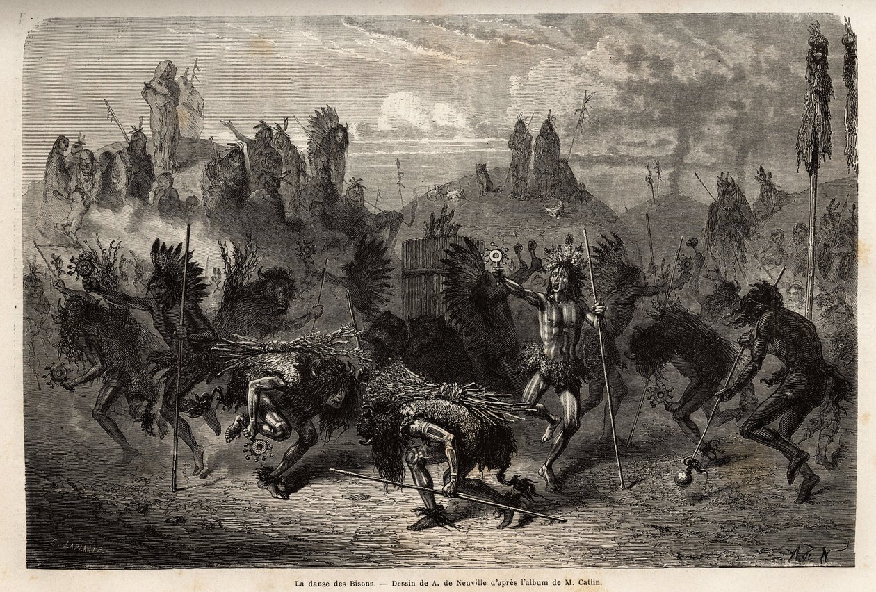 De bizondans uitgevoerd door de krijgers van de Mandans-indianen (of noumah ka kie: fazanten) op de linkeroever van de Missouri. Gravure ter illustratie van een excursie onder de indianenstammen van de bekkens van Colombia en Boven-Missouri, door G. Catlin door Unknown artist