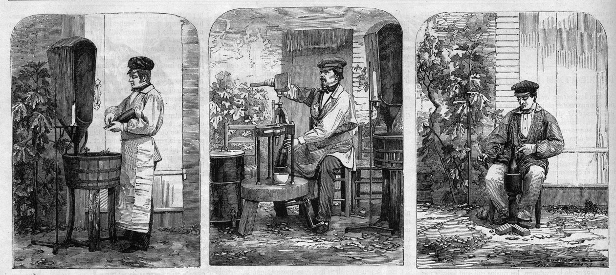 Het bottelen van Champagnewijn. Gravure uit 1864. door Unknown artist
