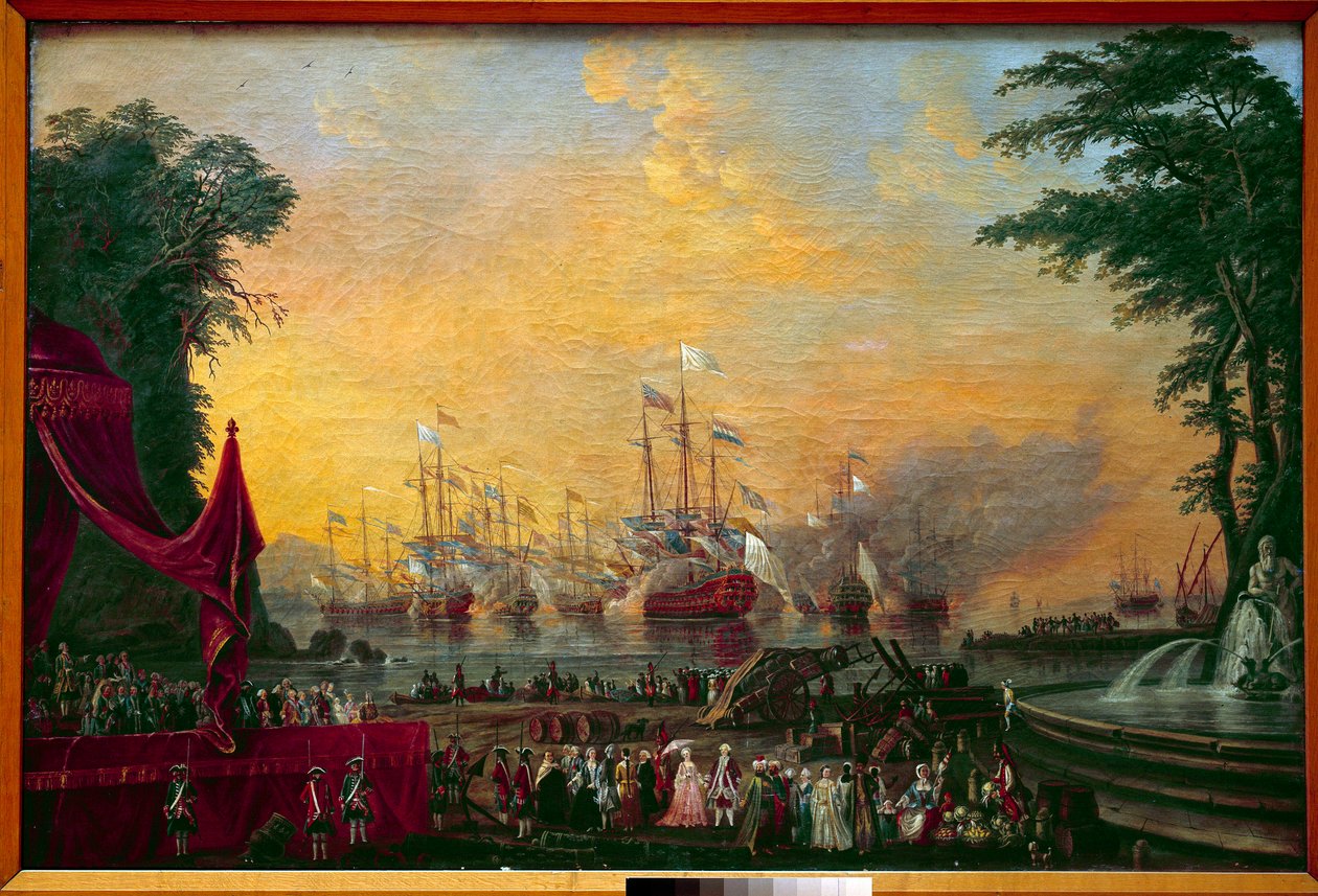 De bolwerkvloot in Toulon werpt uitbarstingen tijdens het bezoek van de Graaf van Provence (toekomstige Lodewijk XVIII) en keizer Jozef II van Oostenrijk door Unknown artist