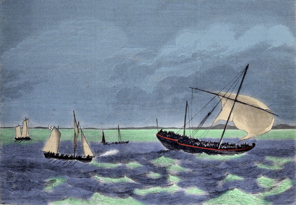De vangst van een dhow (Arabische boot) slavenhandelaar langs de Malagassische kust. door Unknown artist