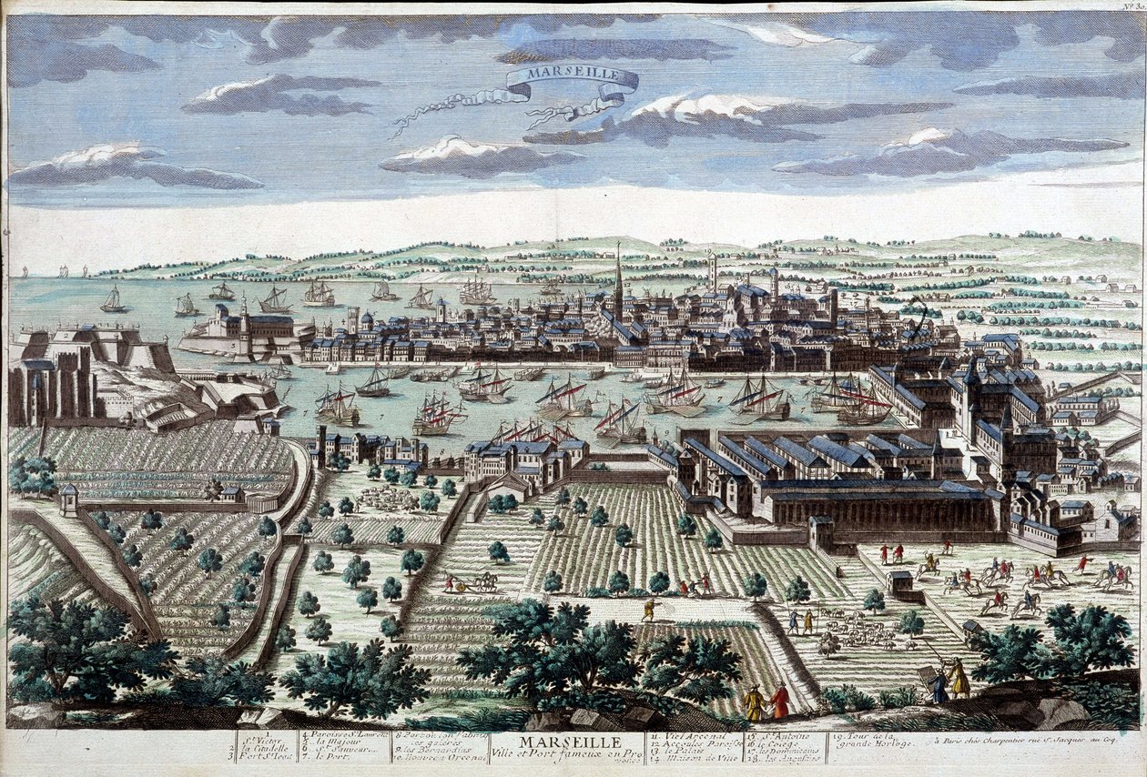 De stad en haven van Marseille in de 18e eeuw - B.N. door Unknown artist