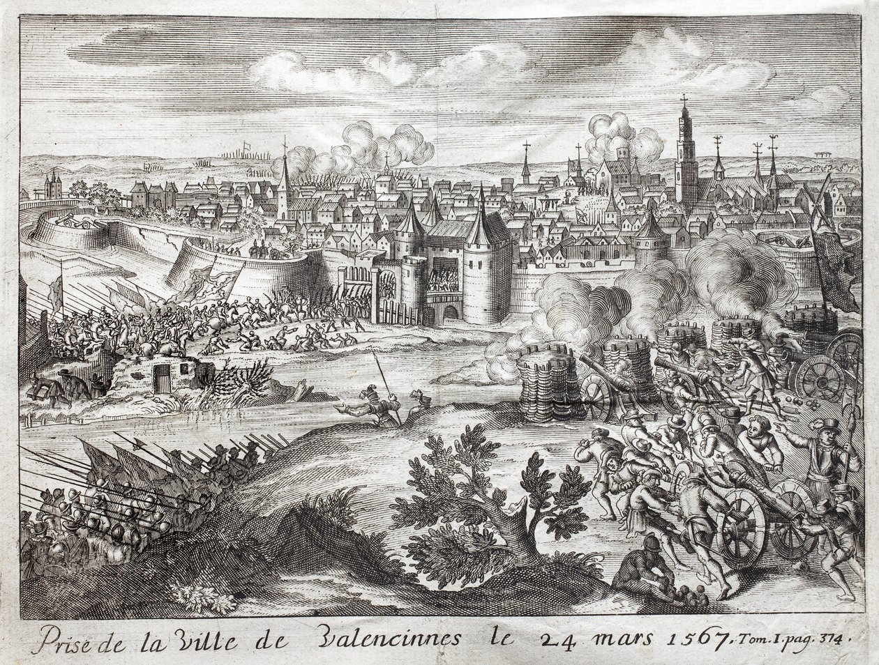 De stad Valenciennes (Frankrijk) werd ingenomen op 24 maart 1567. Eerste slag van de opstand van de Geuzen (begin van de Tachtigjarige Oorlog (1568-1648)). Gravure ter illustratie van 