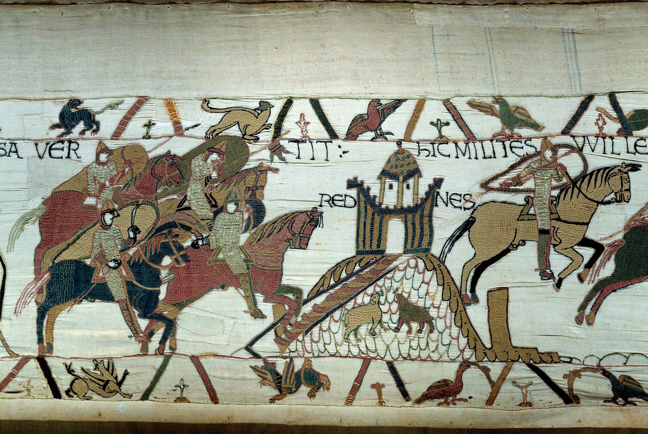 De verovering van Bretagne door de hertog van Normandië Willem de Veroveraar: de inname van Rennes (detail van het tapijt van Bayeux) door Unknown artist
