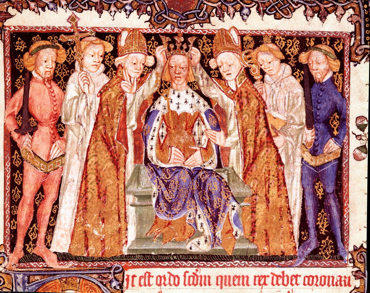 De kroning van een koning Waarschijnlijk koning Richard II van Engeland (1367-1400). Miniatuur uit het manuscript over kroningsrituelen 