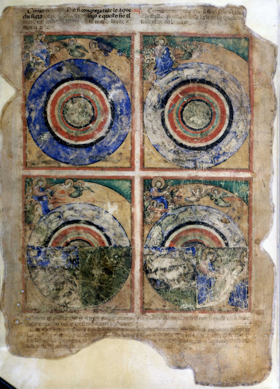 De schepping van de wereld. Genesis. Miniatuur uit codex 212 (of padovano codex of Bijbel van Padua) 1390-1400 Rovigo, Accademia dei Concordi door Unknown artist
