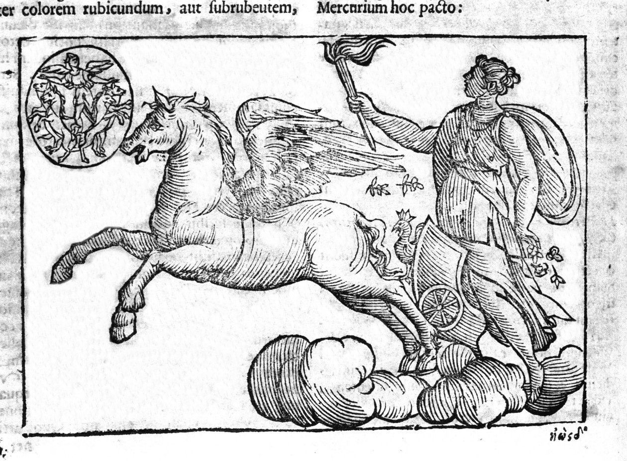 De dageraad (de wagen van de zon). Allegorie van de zonsopgang met de personages uit de Griekse en Romeinse mythologie in de lucht. Gravure uit 