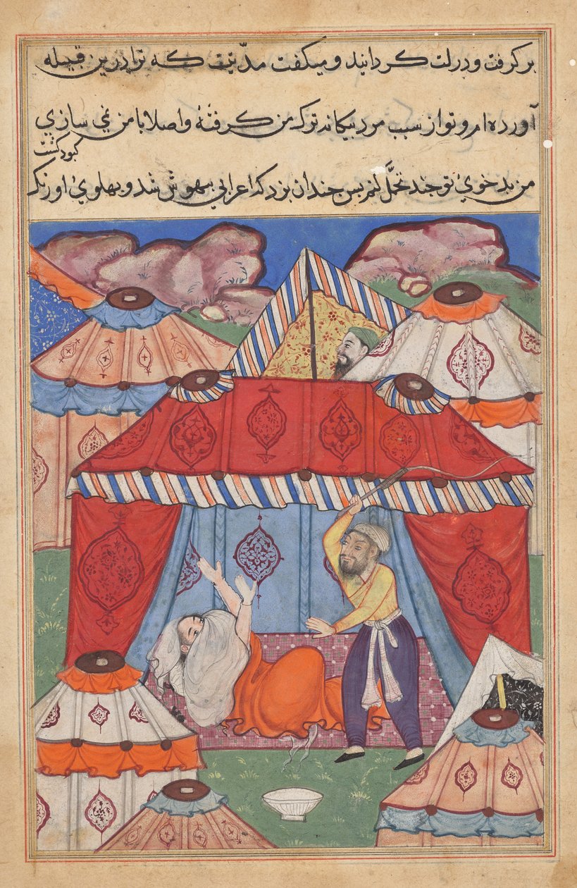De vermomde Arabier, die Habbaza vervangt, wordt door haar man gegeseld omdat hij een kom melk weigert, uit een Tuti-nama (Verhalen van een Papegaai): Vierentwintigste Nacht door Unknown artist