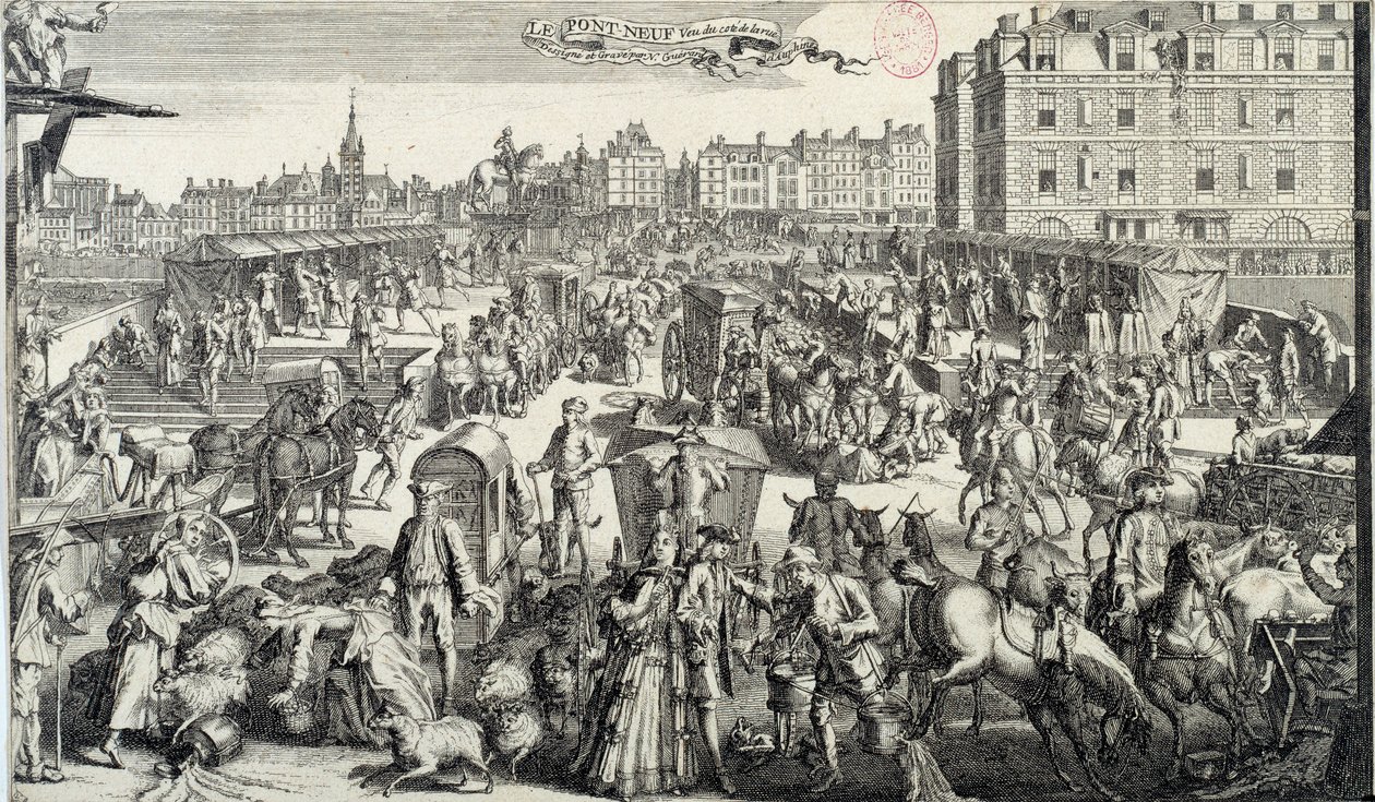 De drukte op de Pont Neuf in Parijs. Illustratie van verkeer en verkeersopstoppingen in de straten van Parijs in de 18e eeuw. Gravure uit 1710. Parijs, Musée Carnavalet door Unknown artist