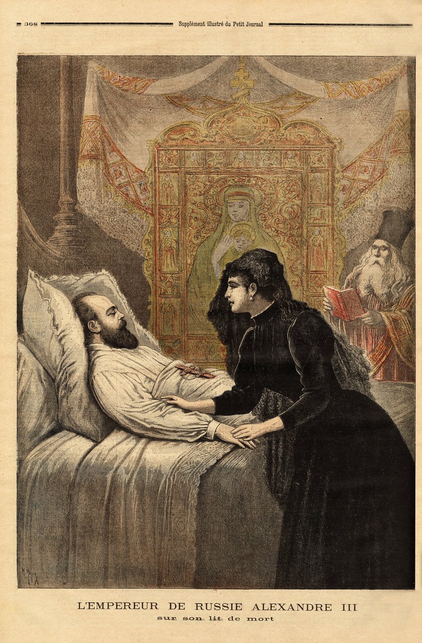 De keizer (tsaar) van Rusland Alexander III (1815-1894) op zijn sterfbed, van 1881 tot 1894, zijn regeerperiode toonde een compromisloze autocraat, leidend een vreedzaam buitenlands beleid en vrijwillige actor van toenadering met Frankrijk. Gravure in 