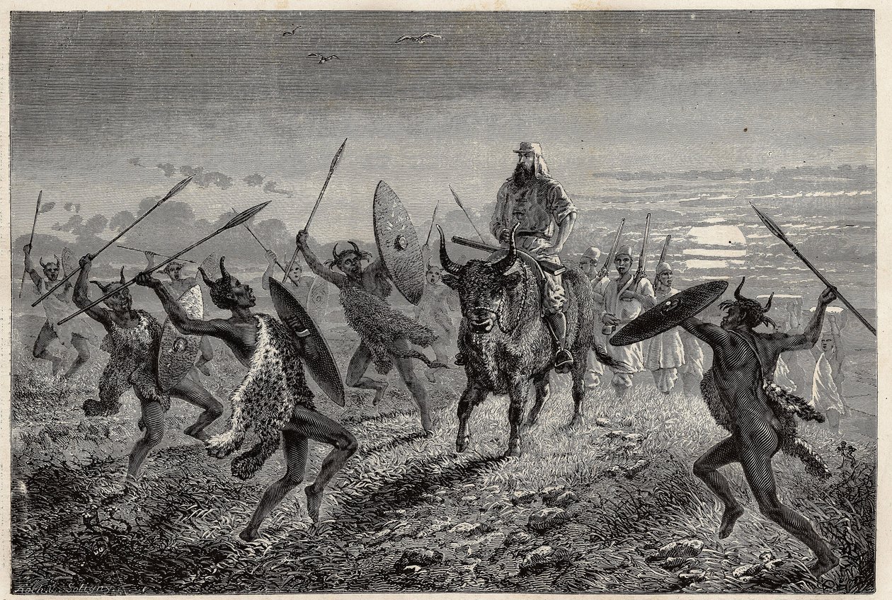 De escorte toegewezen aan de reiziger Baker, voert een fantasia uit voordat hij vertrekt naar het Albertmeer (of Albert Nyanza). Gravure om de reis naar het Albertmeer van 1861-1864 te illustreren, door Sir Samuel White Baker, in 