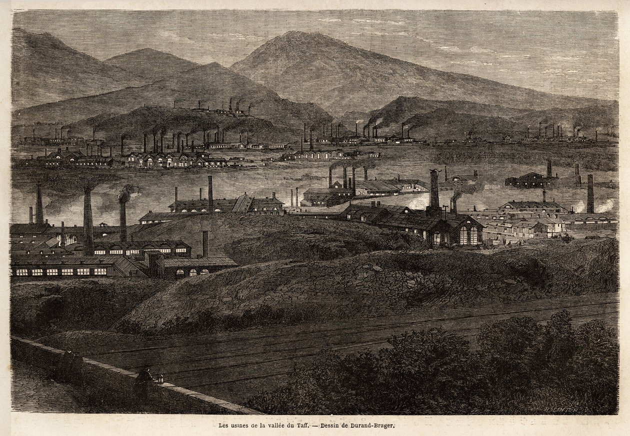 De fabrieken van de Taff-vallei. Tekening door Durand Brager, ter illustratie van een bezoek aan de grote fabrieken in Wales in 1862, door L.Simonin. Gravure in 