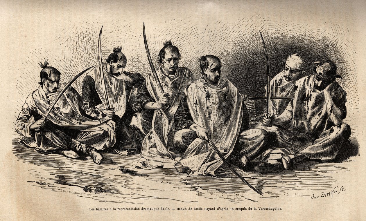 De fanatieke moslim littekens tijdens de dramatische uitvoering die plaatsvindt na het martelaarsfeest van Hossein, elk van hen is bedekt met een wit laken, om het bloed op te vangen dat uit de wonden stroomt die ze zichzelf hebben toegebracht door zichzel door Unknown artist