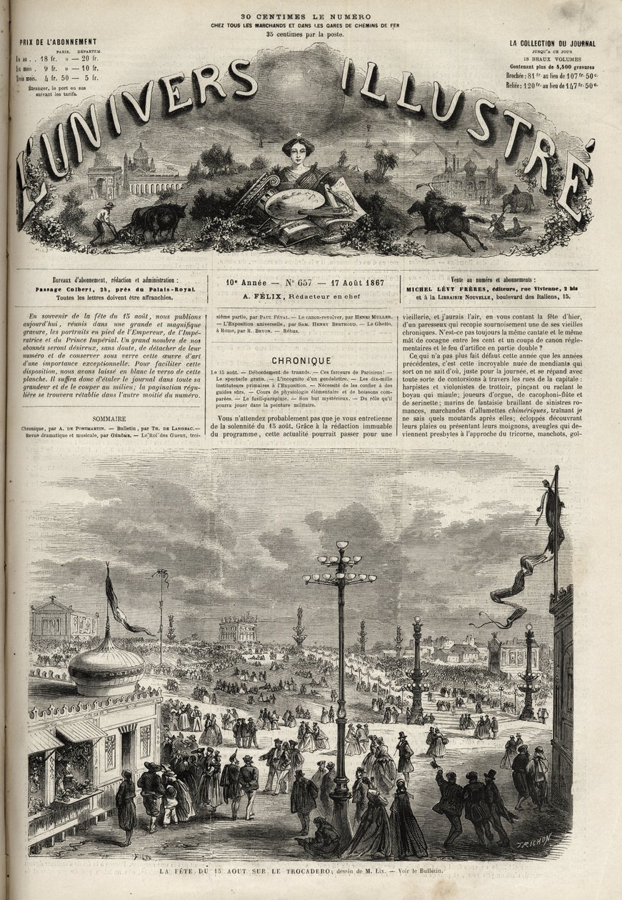 Het feest van 15 augustus 1867 op het Trocadéro in Parijs - Het illustere universum van 1867 door Unknown artist