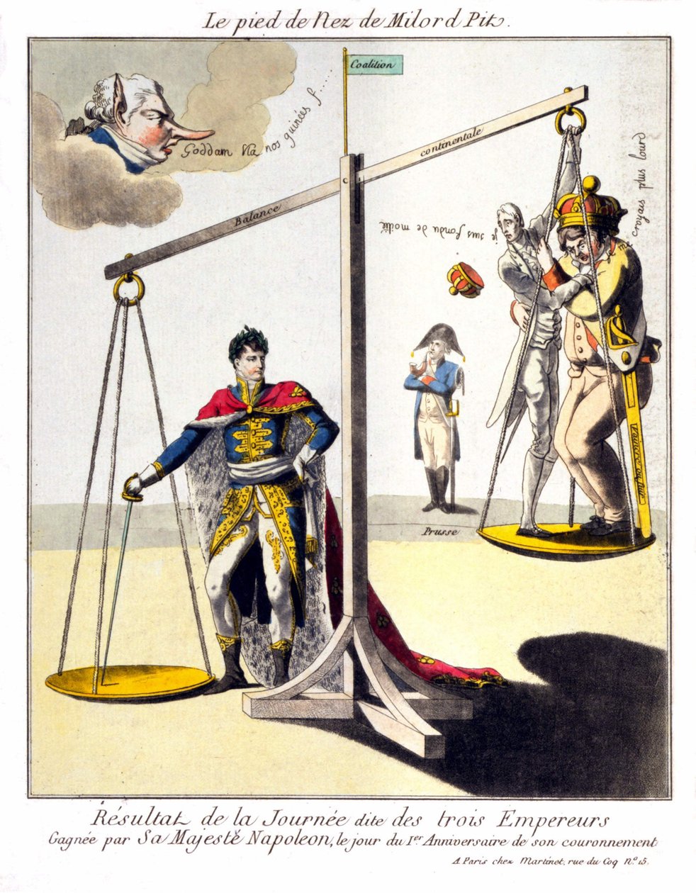 De voet van de neus van Milord Pit - Het resultaat van de zogenaamde Dag van de Drie Keizers - Gewonnen door Zijne Majesteit Napoleon, op de dag van de 1e verjaardag van zijn kroning. Cartoon over Napoleon I en de 3e coalitie (Britannië vertegenwoordigd do door Unknown artist