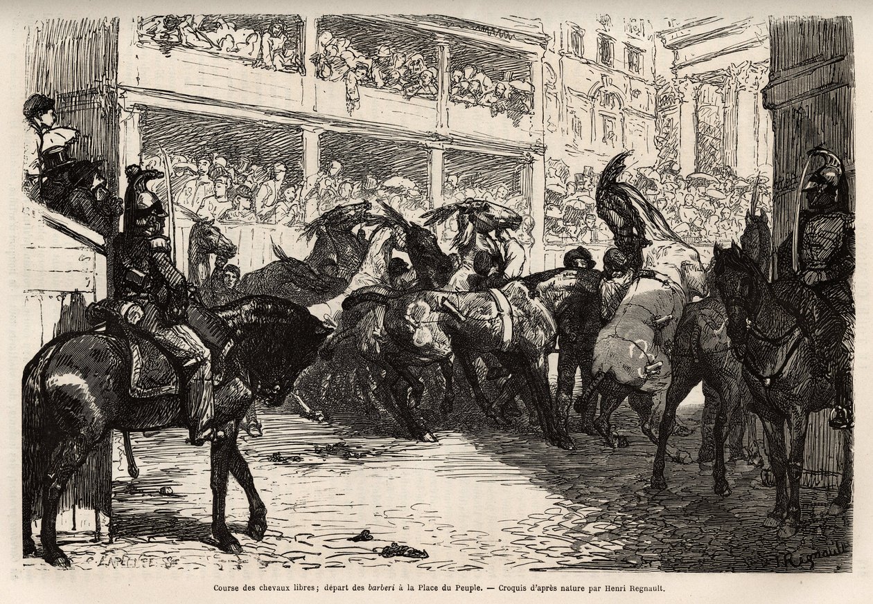 De vrije paardenrace, vier keer georganiseerd tijdens het carnaval, begint op het Volksplein, dan speert het op drievoudige galop op de Corso naar het Venetiëplein, waar de prijzen worden uitgereikt. Gravure ter illustratie van de reis naar Rome, door Fran door Unknown artist