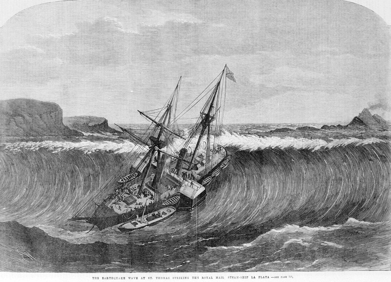 De gigantische golf van de tsunami van december 1867 in Saint Thomas, Maagdeneilanden valt op het wielschip La Plata. Gravure van de 19e eeuw. door Unknown artist
