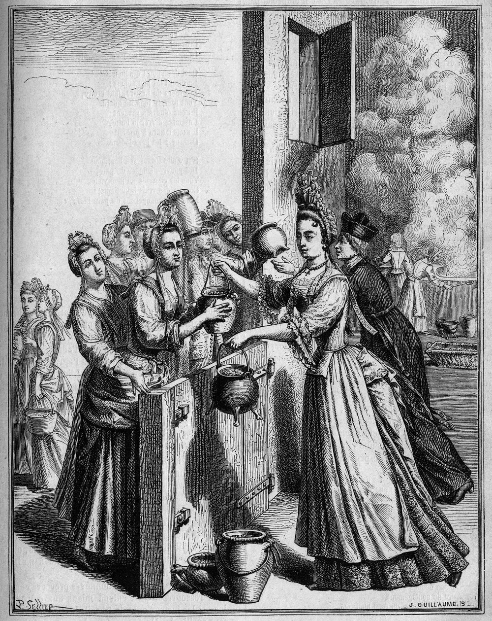 De hulp van soep in Parijs tijdens de hongersnood van 1709. Tekening door Sellier, naar een achttiende-eeuwse prent door Unknown artist