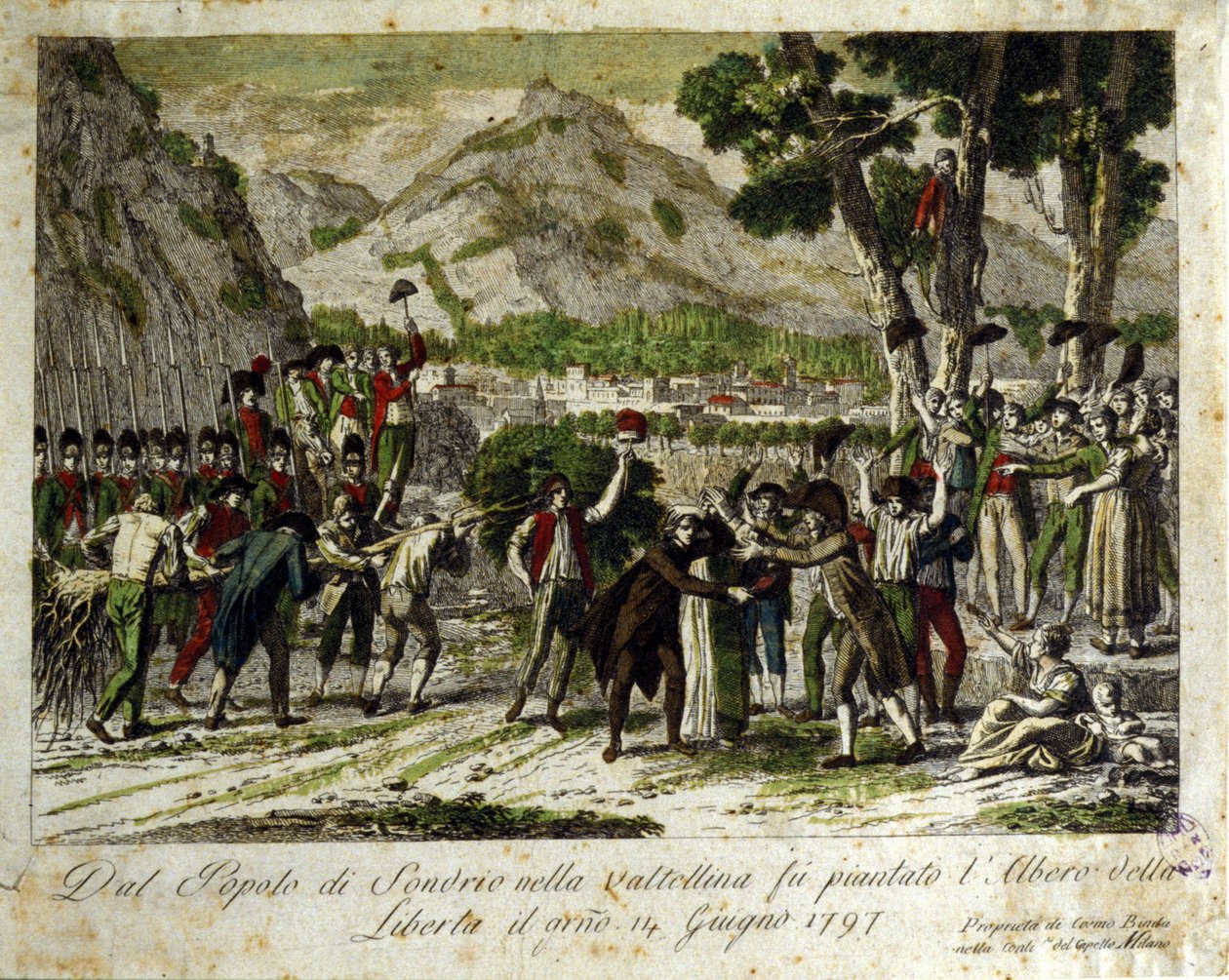 De inwoners van Sondrio de la Valtellina planten de boom van de vrijheid, symbool van overwinning op het Oude Regime. 14/06/1797. Gravure. door Unknown artist
