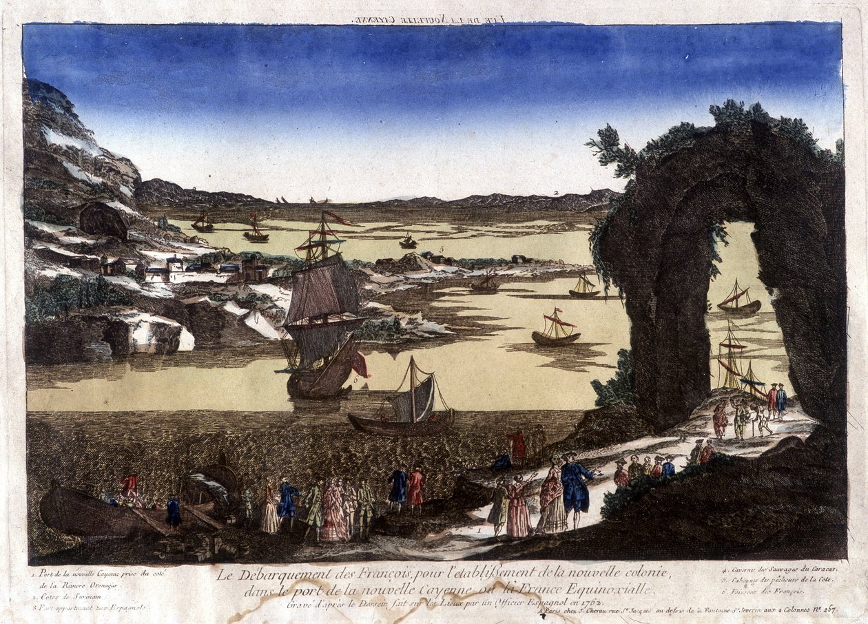 De landing van de Fransen voor de oprichting van de nieuwe kolonie in de haven van Nouvelle Cayenne (of Frankrijk Equinoxiale) door Unknown artist