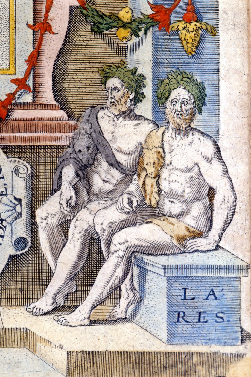 De laresgoden: ze beschermen het huis en zijn bewoners (ze zijn de geesten van de voorouders). Gravure uit de 16e eeuw door Unknown artist