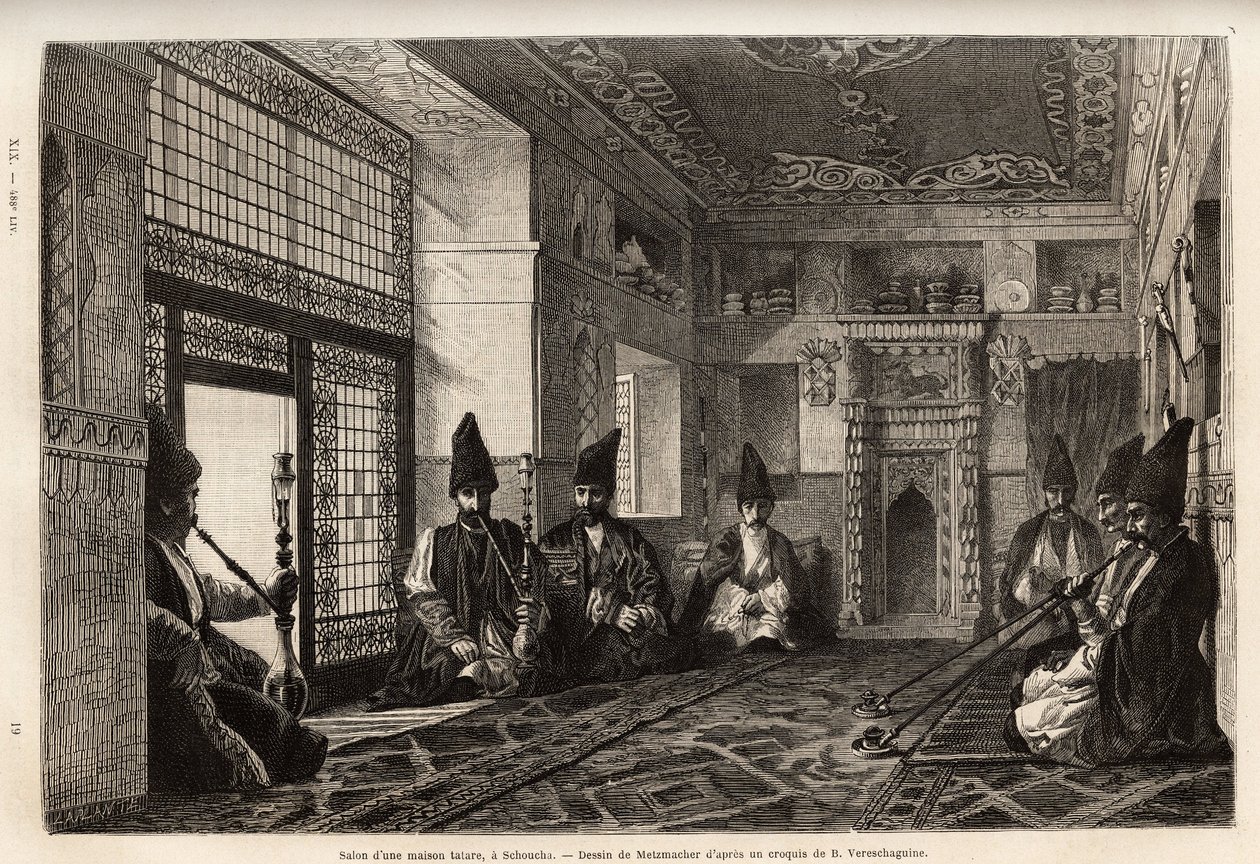 De woonkamer van een rijk Tataars huis in Schusha (Transkaukasië, Rusland), waar mannen samenkomen, zittend op tapijten om de pijp te roken en te kletsen. Gravure ter illustratie van de reis in de provincies van de Kaukasus, door Basile Vereschaguine, in 1 door Unknown artist