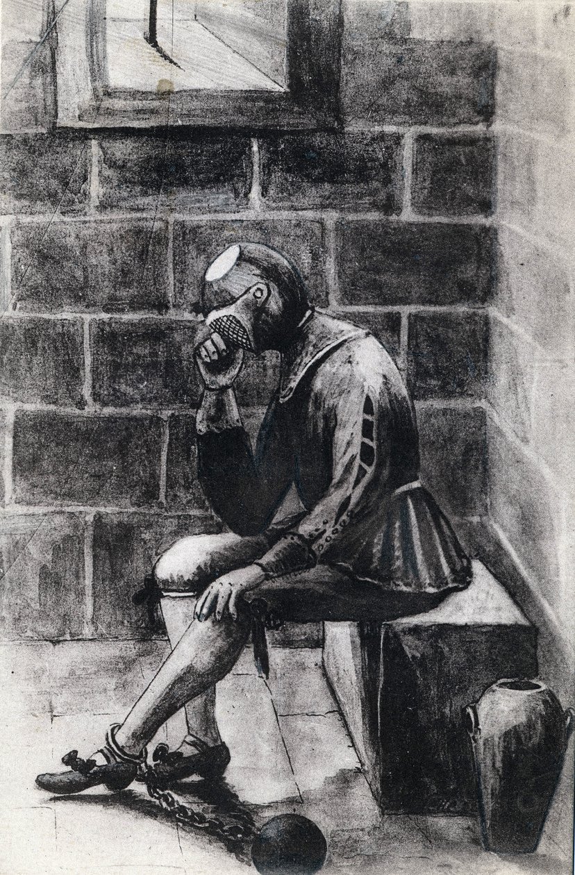 De man met het ijzeren masker, staatsgevangene geïnterneerd in de gevangenis van het Heilige Eiland Margarita. door Unknown artist