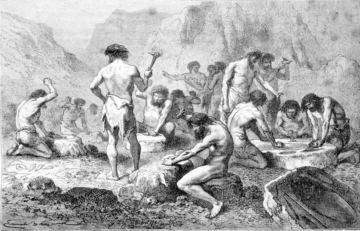 De vervaardiging en het polijsten van vuursteen door prehistorische mensen in Pressigny door Unknown artist