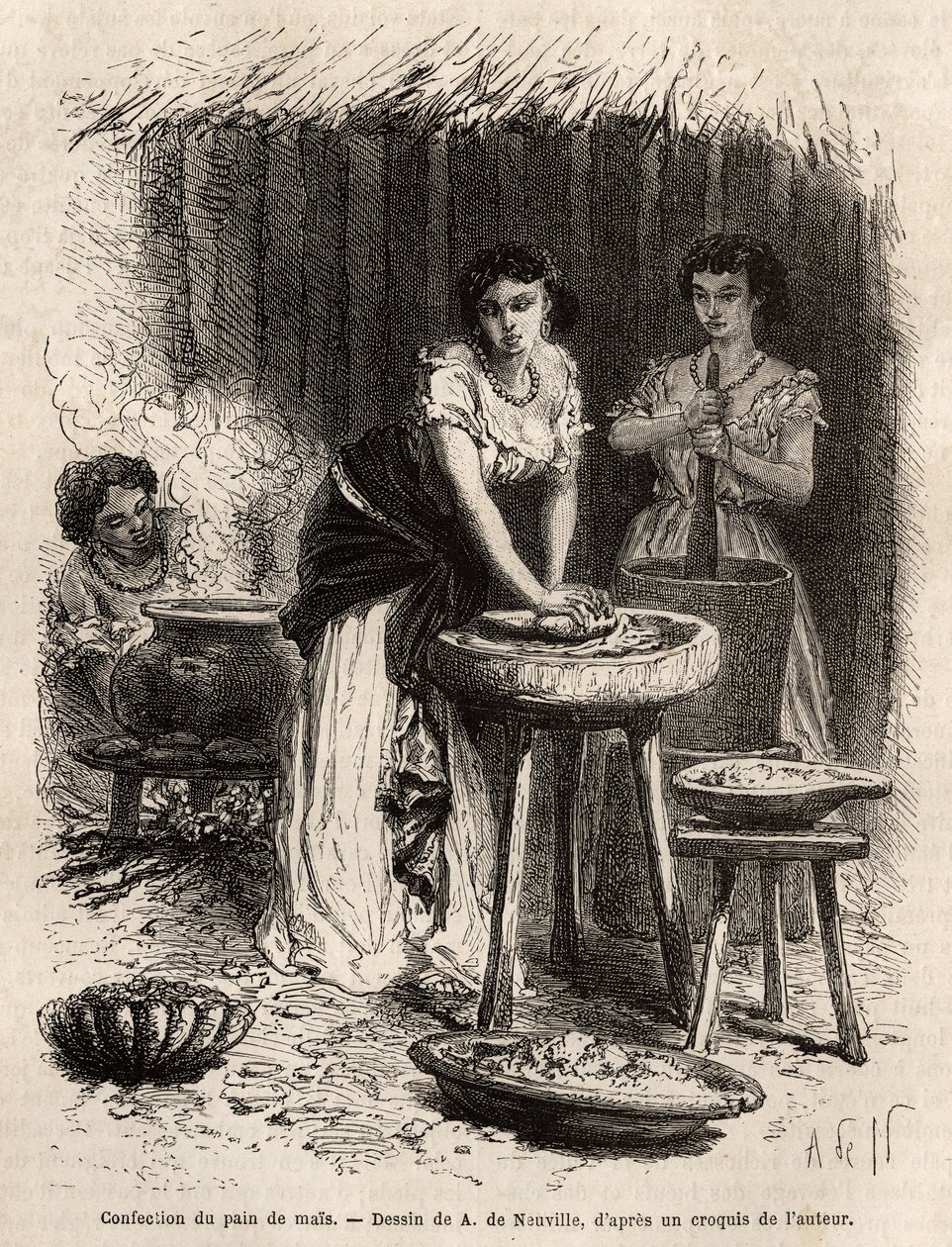 De vervaardiging van maïsbrood, de basis van voedsel, door vrouwen van de Grote Cauca-vallei (Colombia). Gravure ter illustratie van de reis naar Nieuw-Granada, door Dr. Saffray, in 1869, gepubliceerd in 