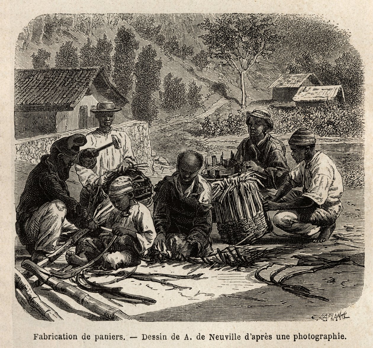 De vervaardiging van palmbladeren manden, voor de verzameling van koffie. Gravure ter illustratie van de reis naar Brazilië, verhaal door M. en Mme Agassiz, in 1865-1866, gepubliceerd in 