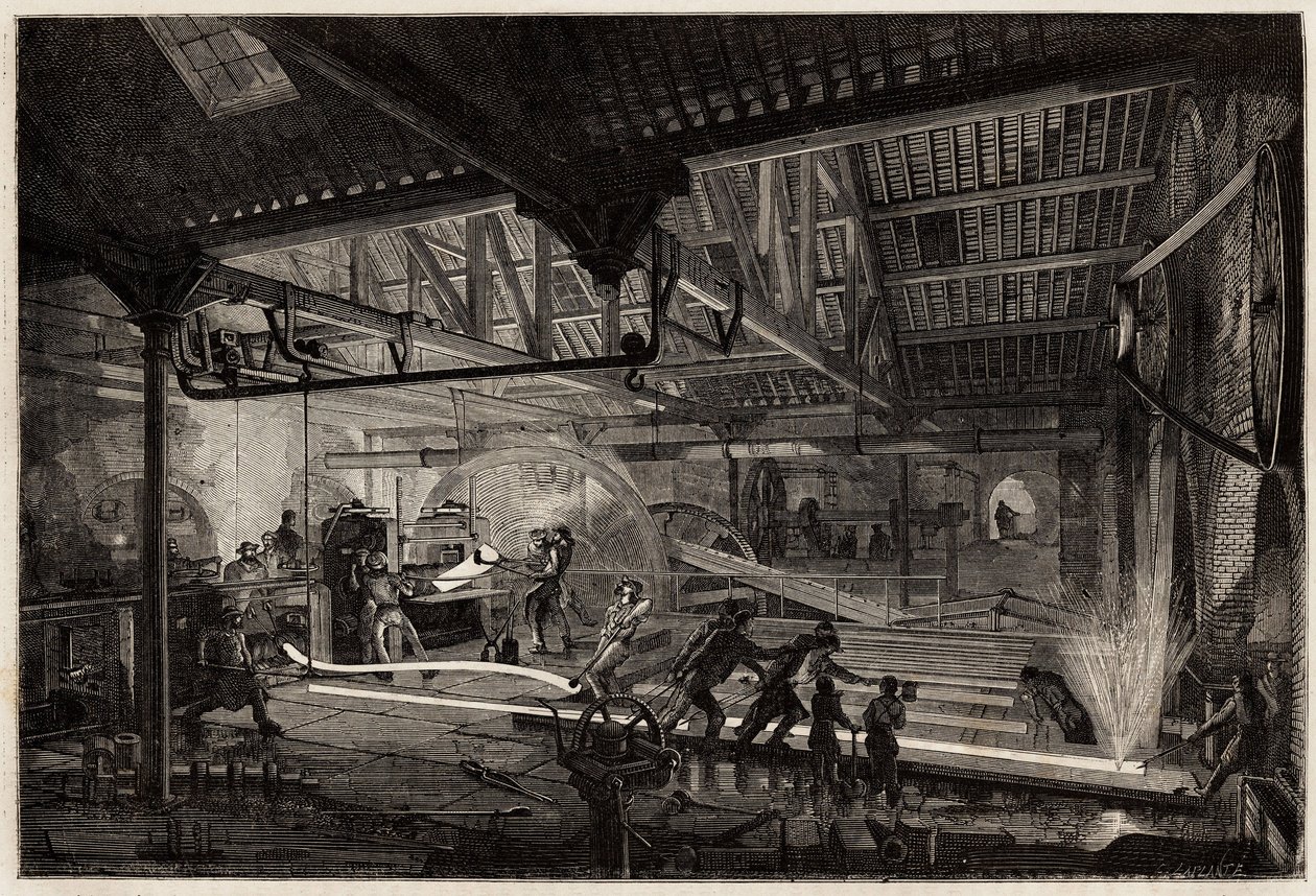 De vervaardiging van de rails in de oude smederijen van Le Creusot, de stalen strips, wit van de hitte, worden uitgerekt in rails tussen de walsen. Gravure ter illustratie van een reis naar de Creusot en de mijnen van Saone en Loire, in 1865, door L. Simon door Unknown artist