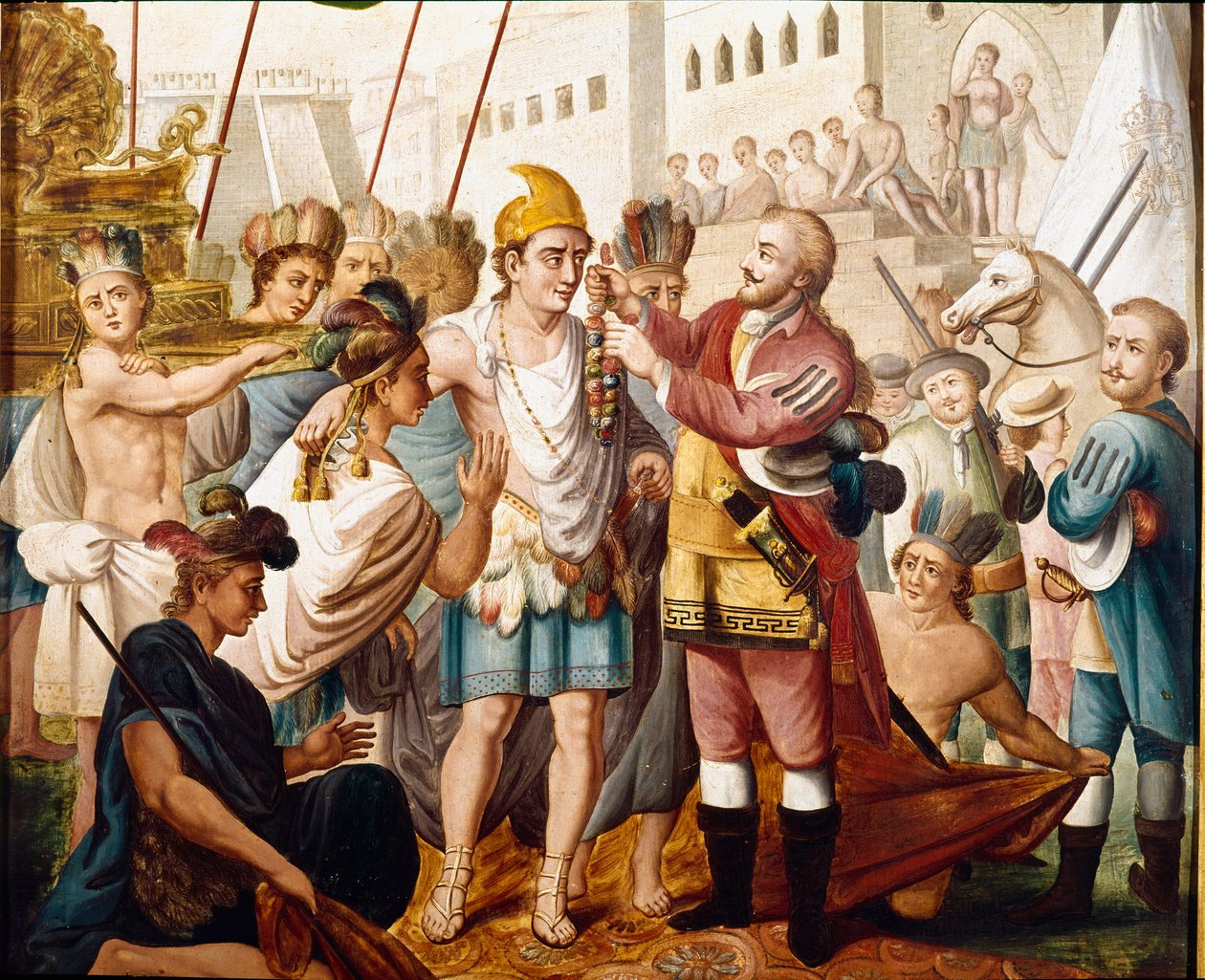 De ontmoeting tussen Hernan Cortes en de Azteekse koning Montezuma in november 1519 door Unknown artist