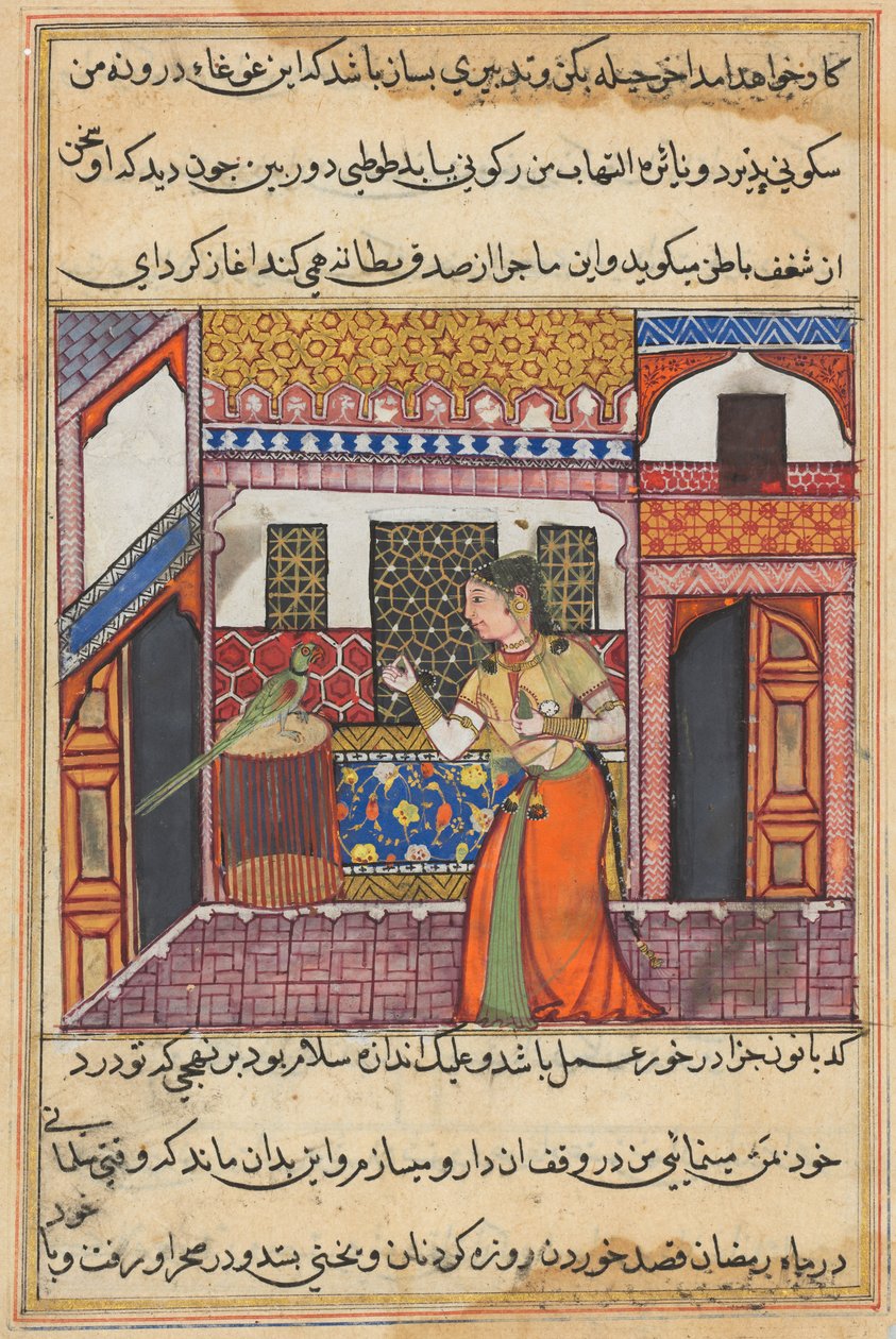 De papegaai spreekt Khujasta toe aan het begin van de drieënveertigste nacht, uit een Tuti-nama (Verhalen van een Papegaai) door Unknown artist