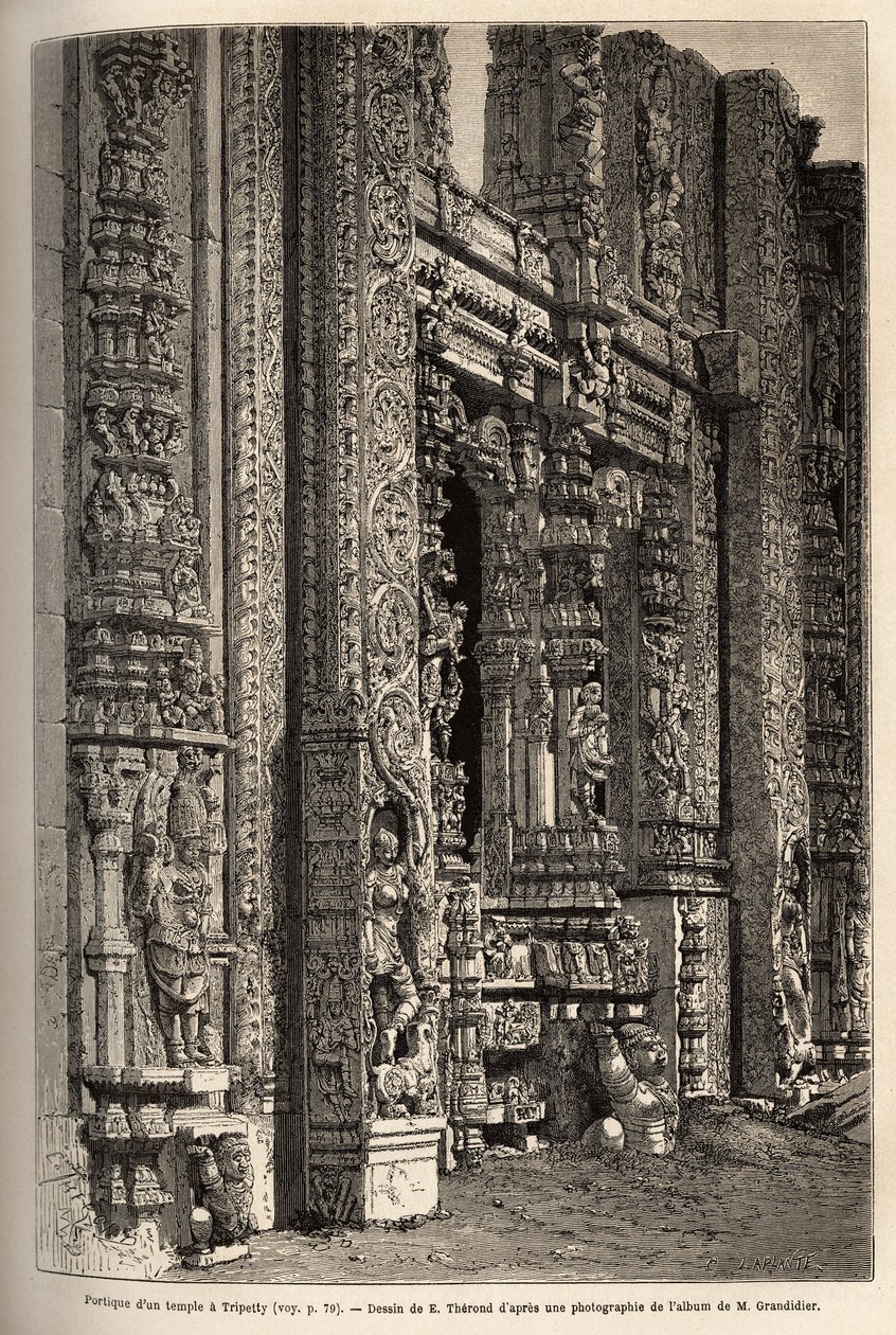 Het portiek van een tempel in Tripetty (of Tirupati, in Andhra Pradesh), een belangrijke plaats van hindoeïstische pelgrimage. Gravure ter illustratie van de reis naar de zuidelijke provincies van India, door Alfred Grandidier, in 1862-1864, gepubliceerd i door Unknown artist