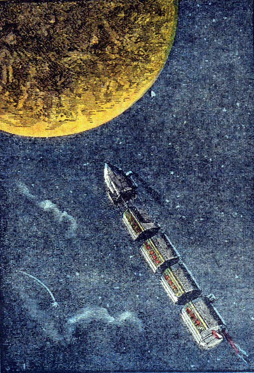 De raket gelanceerd in de ruimte die aankomt op de maan - gravure in “Van de aarde naar de maan” door Jules Verne door Unknown artist