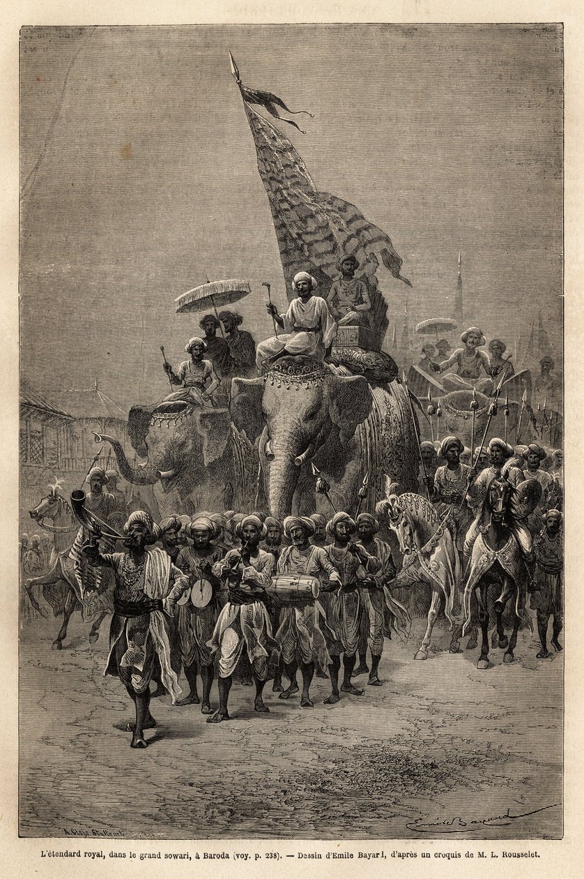 De koninklijke banier, in de sowari (militaire processie), in Baroda (of Vadodara), staat Gujarat aan de noordoostkust van India. Gravure ter illustratie van de reis in India van de Rajahs, door Louis Rousselet, in 1864-1868, gepubliceerd in 