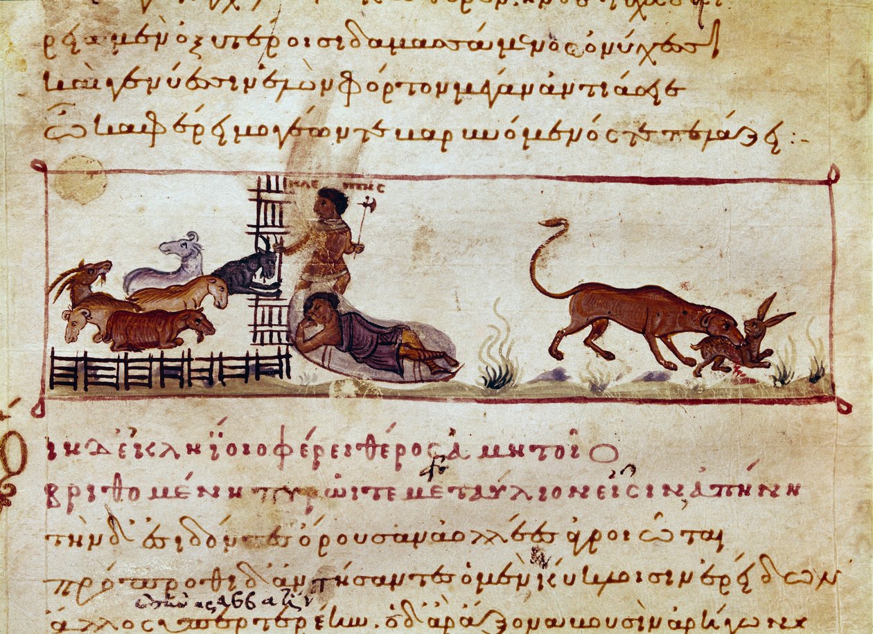 De schapenfokkerij, rechts wordt een haas verslonden door een beest door Unknown artist
