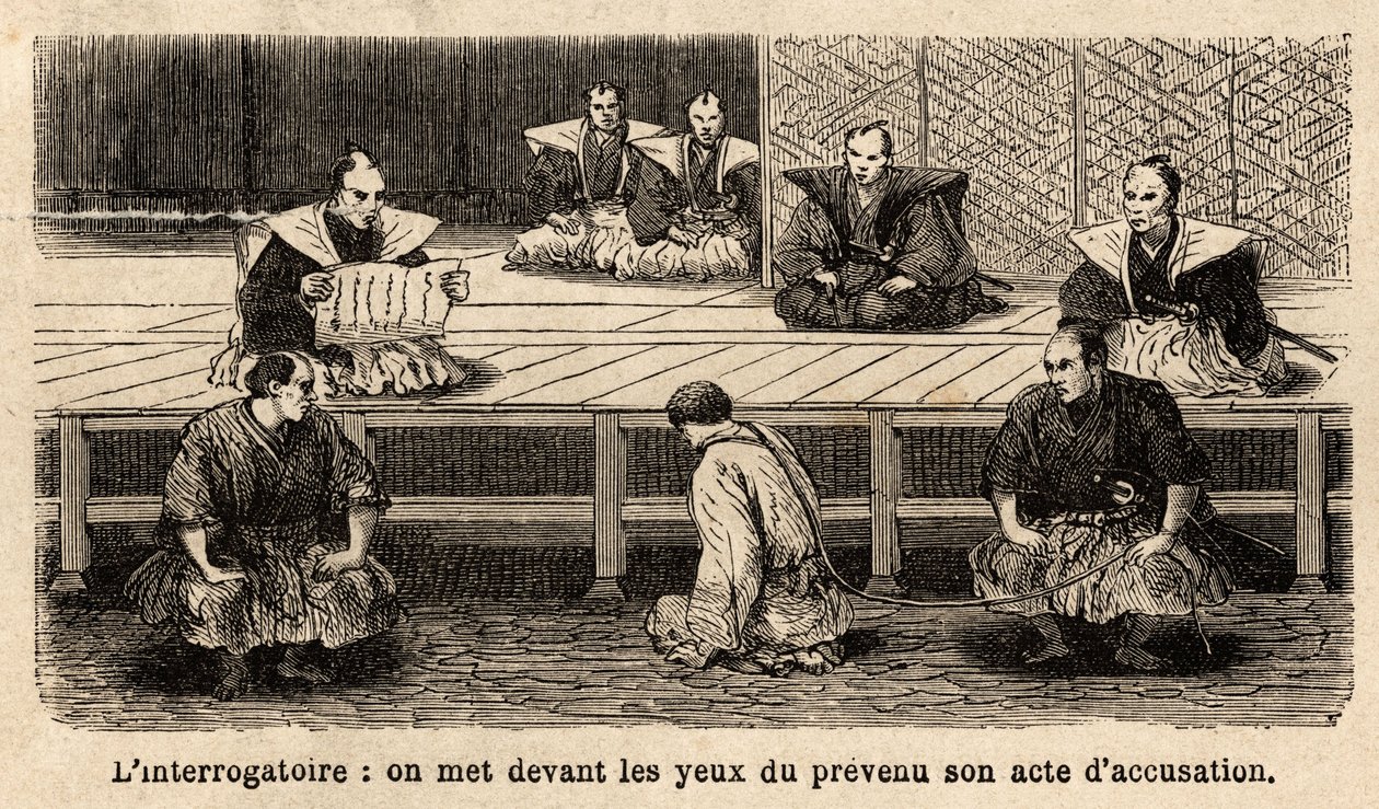 De stadia van gerechtigheid: ondervraging, het voorlezen van de aanklacht aan de beschuldigde, die voor zijn rechters staat, knielt, zijn nek vastgehouden door een touw vastgehouden door een bewaker. Gravure ter illustratie van de reis naar Japan, in 1863- door Unknown artist